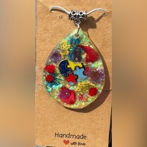 Autism Awareness Resin Teardrop Pendant With Dried Flowers & Autism Charm